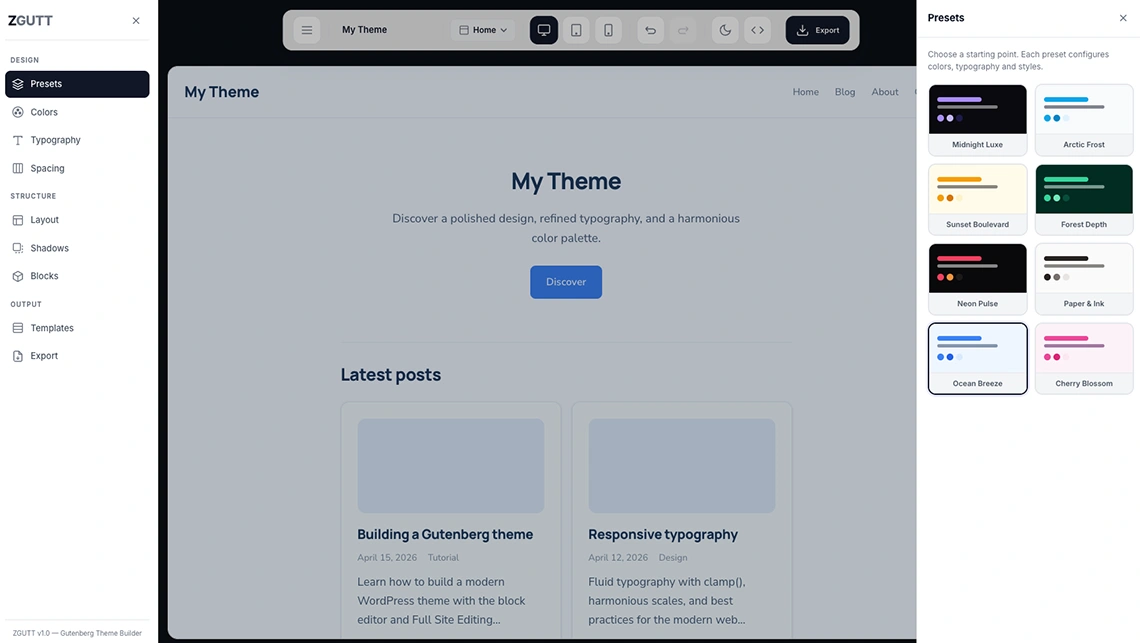 ZGUTT — Gutenberg Block Theme Builder